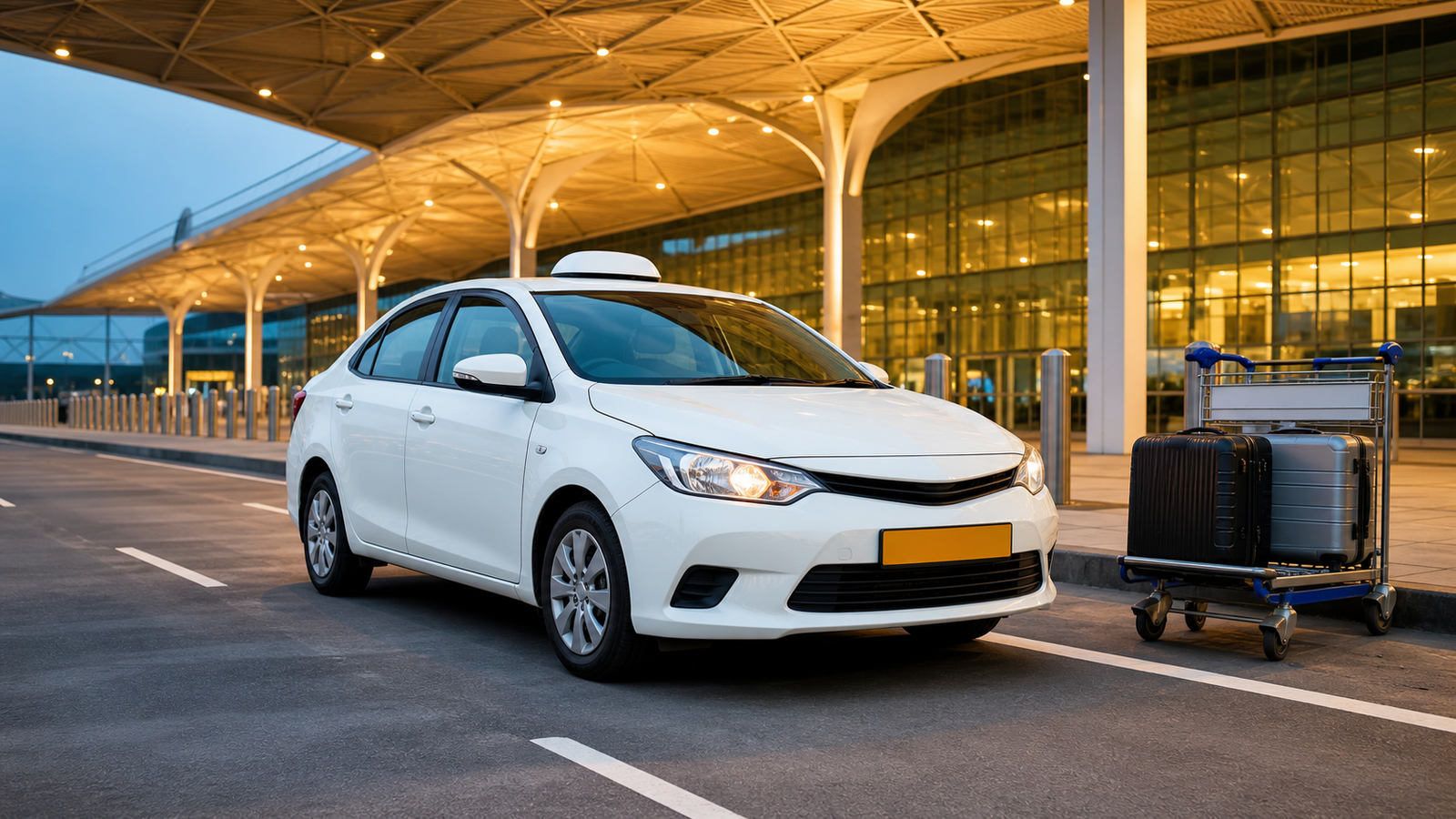 White airport taxi waiting at a terminal pickup lane with luggage