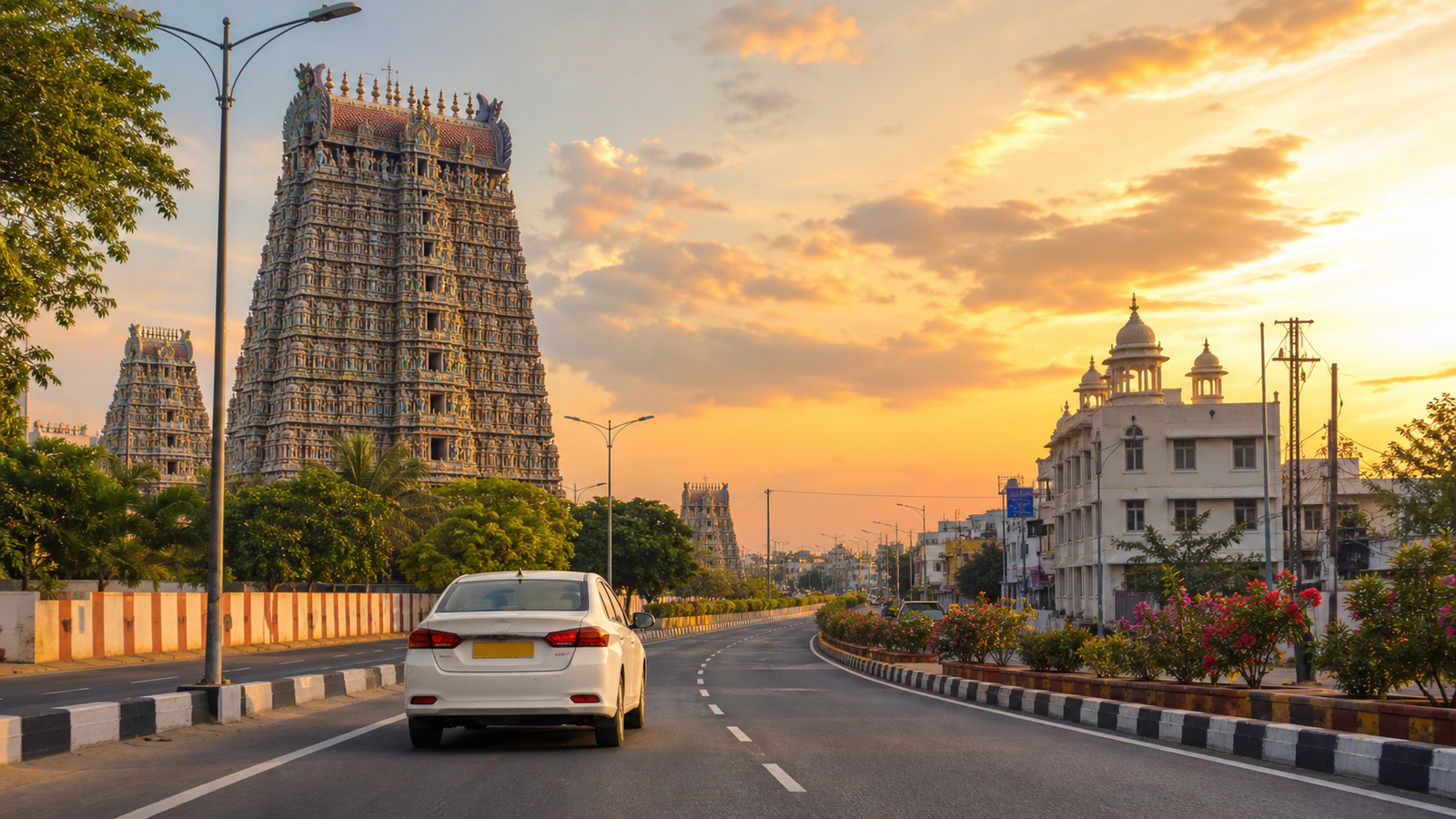 White taxi on a Madurai road with temple scenery at sunset