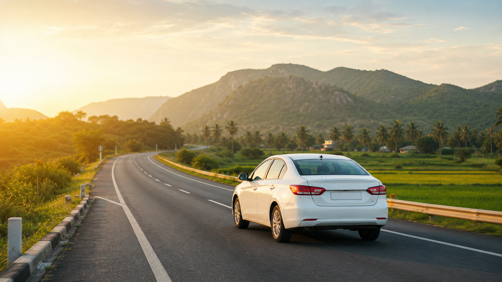White sedan taxi driving on a scenic Tamil Nadu highway